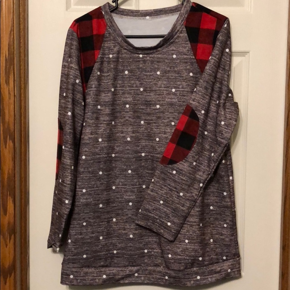 NWOT Polka dot sweater with plaid patches